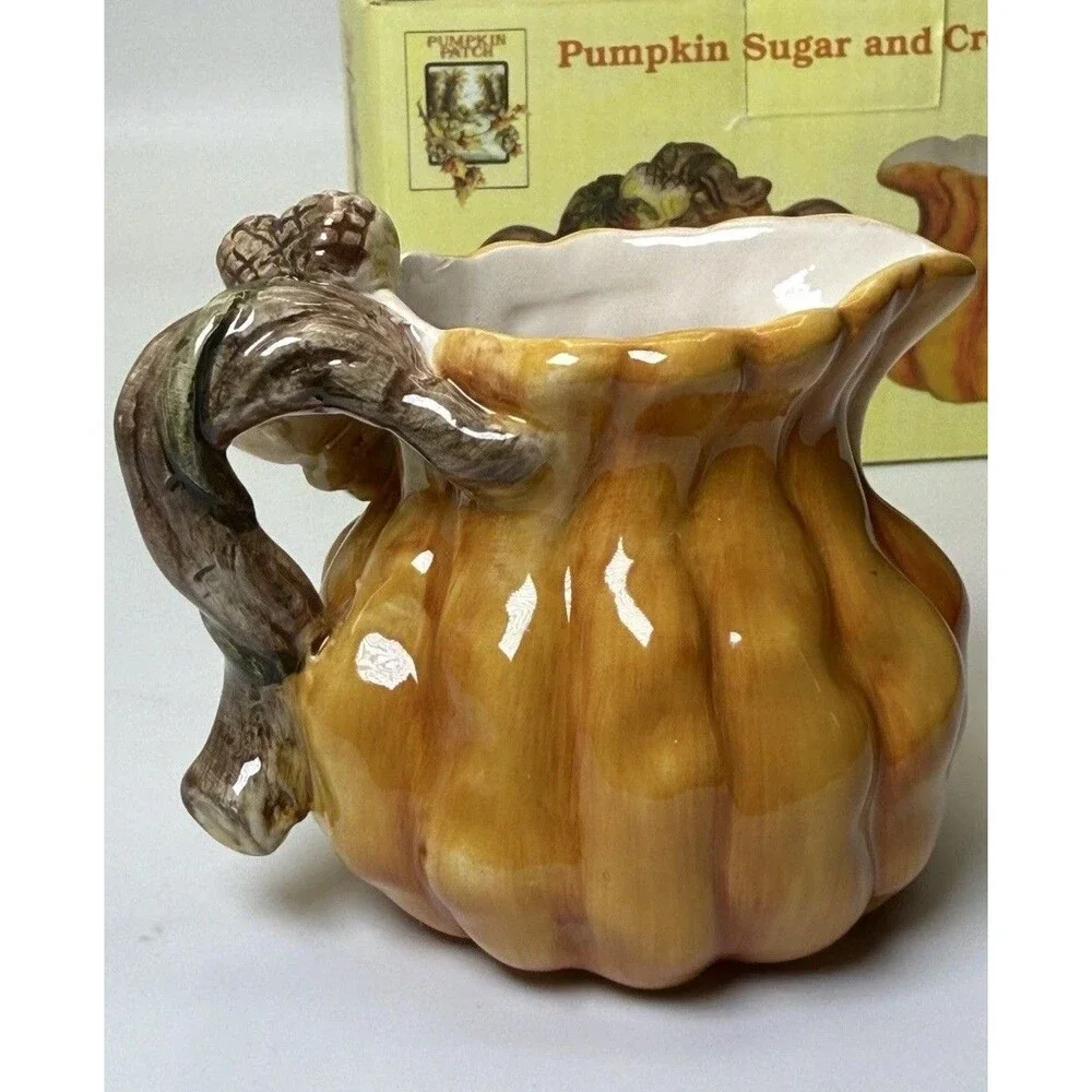 Vintage Ceramic Pumpkin Patch Sugar Bowl Creamer Set Fall Harvest 1990s